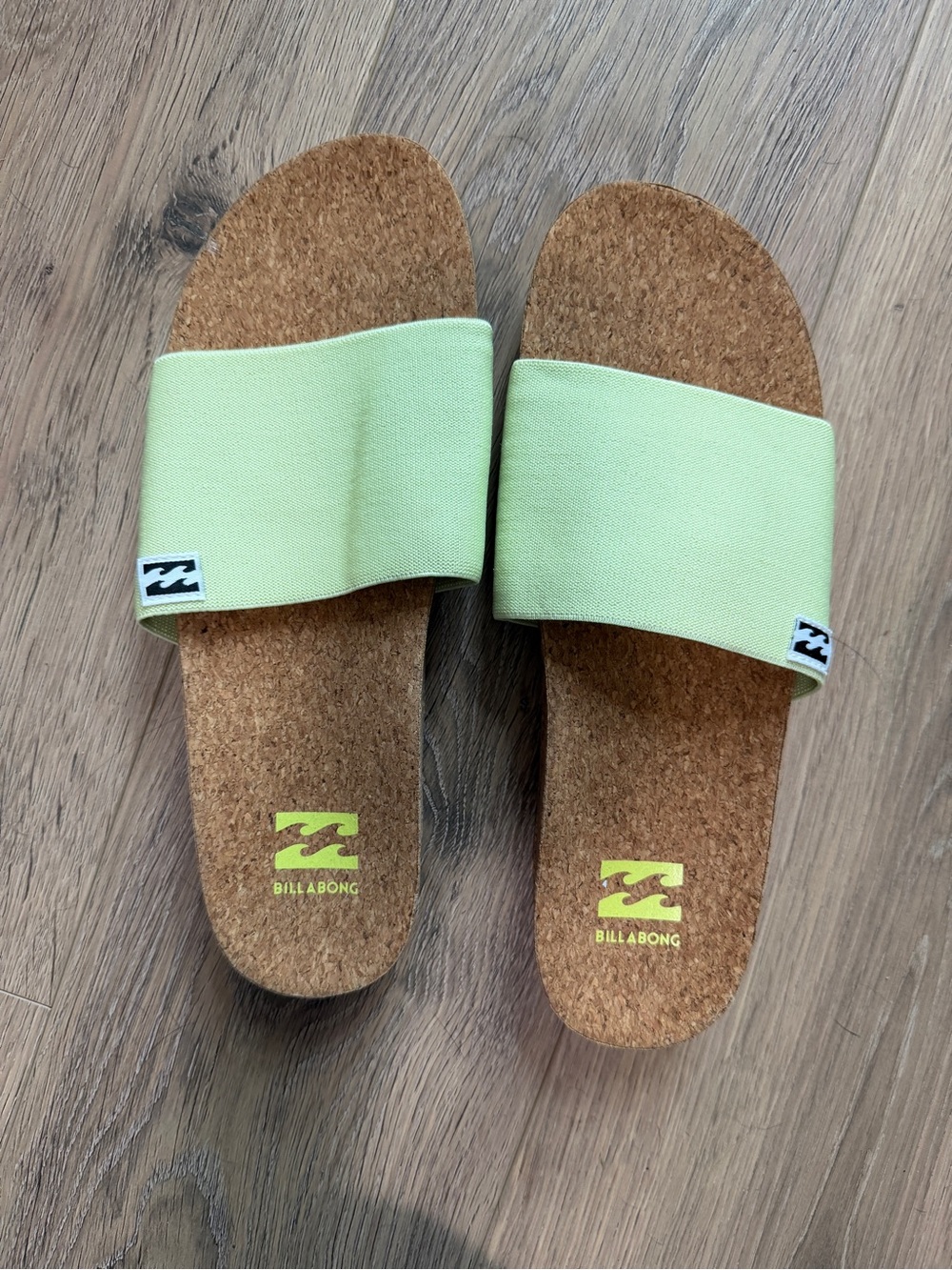 NWOB Billabong cork bed lime green slide on sandal flip flops stretch band sz 9